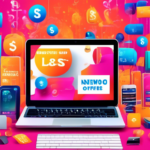 An image depicting the best newshosting deals of the year, featuring a dynamic and colorful background with symbols of savings such as dollar signs, discount tags, and promotional banners. Include a laptop screen showing various newshosting service logos and special offers. Make the composition lively and engaging, suggesting a sense of excitement and value.