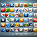 Create an image depicting a variety of Usenet browser icons and logos displayed on a sleek, modern computer screen. The scene should include elements like a search bar, newsgroups, and threads, emphasizing the user-friendly and efficient design of these browsers. The background should be a comfortable yet professional desktop environment, with subtle references to technology and communication.