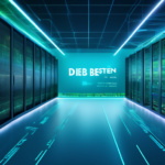 An artistic representation of a modern digital landscape, featuring a sleek server room filled with high-tech servers and data streams. In the foreground, the words 'Die besten NZB Server' are creatively integrated into the design, with visual elements representing fast downloads, such as speed lines and download icons. The color palette should include cool blues and greens, emphasizing technology and speed.