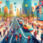 Create an image depicting a modern, busy city street scene where people are using various devices connected to the internet, such as smartphones, laptops, and smart home devices. Include visual representations of its benefits like online shopping, virtual meetings, and smart transportation, emphasizing a vibrant, interconnected lifestyle. The setting should convey a sense of convenience and technology in everyday life.