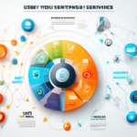 Create a visually engaging infographic comparing the top Usenet services. Include elements like service features, pricing, user ratings, and a futuristic design with computer and internet motifs. Use bright colors and clear icons to represent different services. Ensure the layout is clean and easy to read.