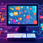 Create an illustration that visually represents the concept of accessing Usenet, featuring a computer screen displaying a Usenet interface, with clusters of newsgroups represented as colorful icons. Include elements that symbolize data transfer and connectivity, such as arrows, servers, and network cables, set against a digital, cyberpunk-style background.